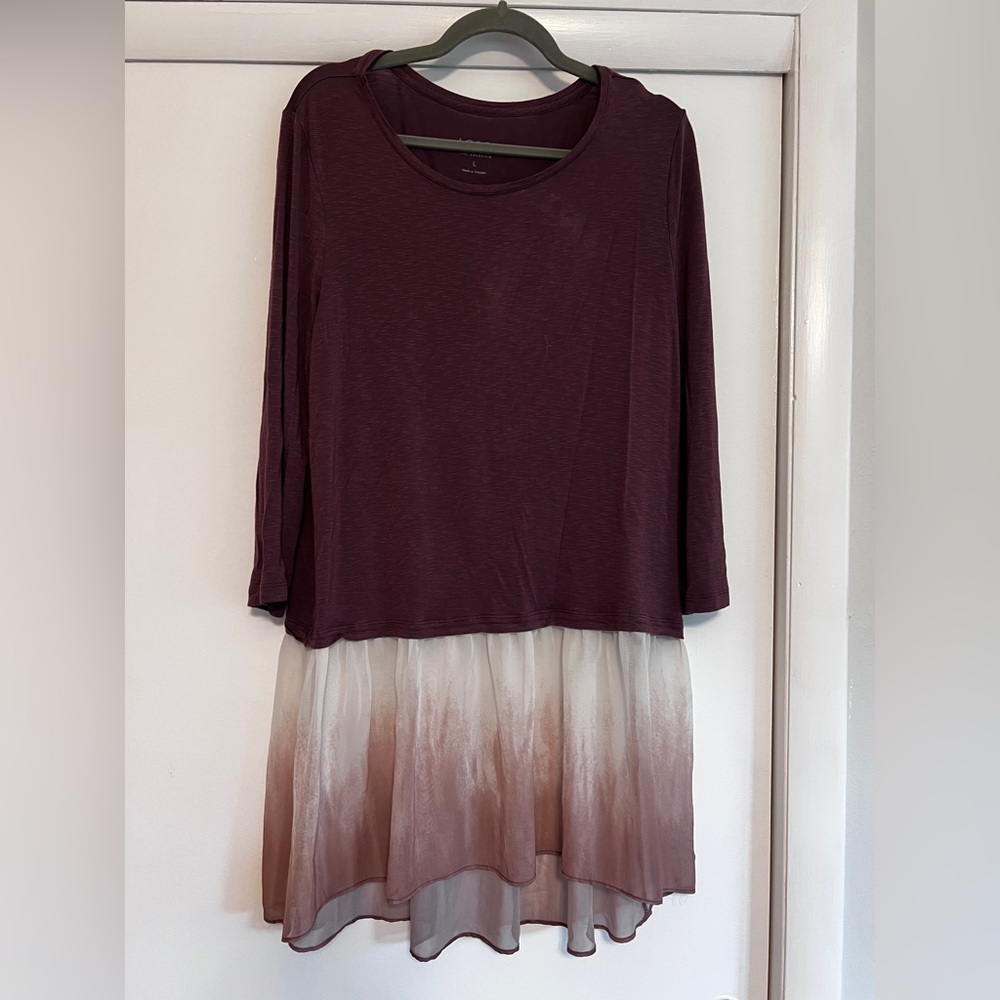 LOGO by Lori Goldstein Slub Knit & Top with Ombre Chiffon Hem Maple Large